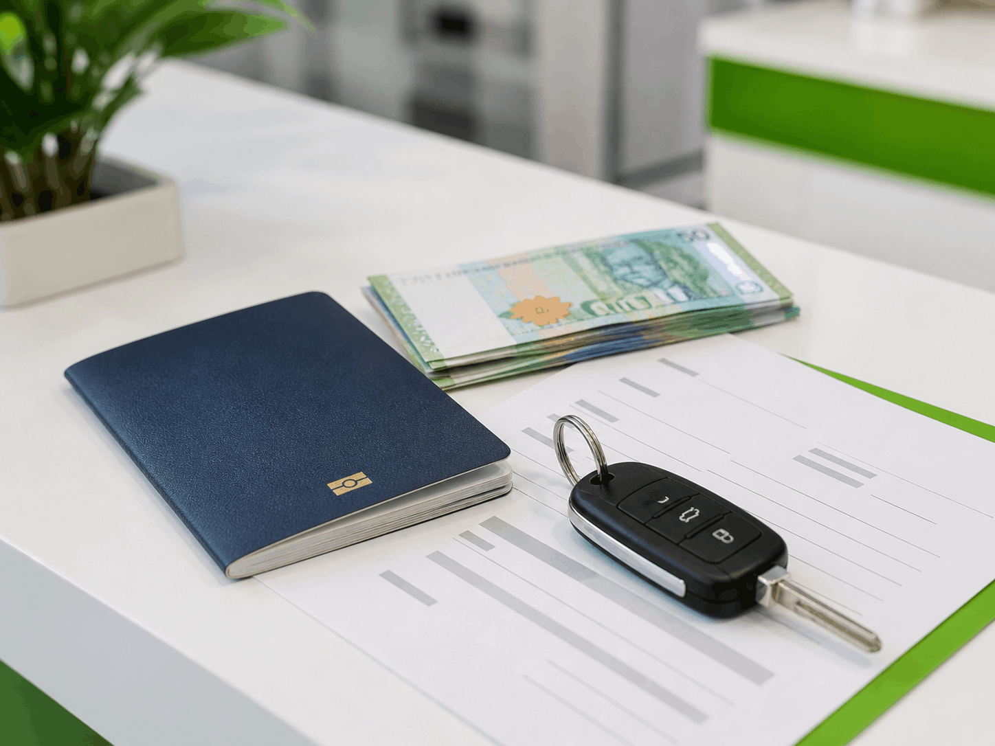 Passport, cash and car keys on a clean rental desk in Malaysia