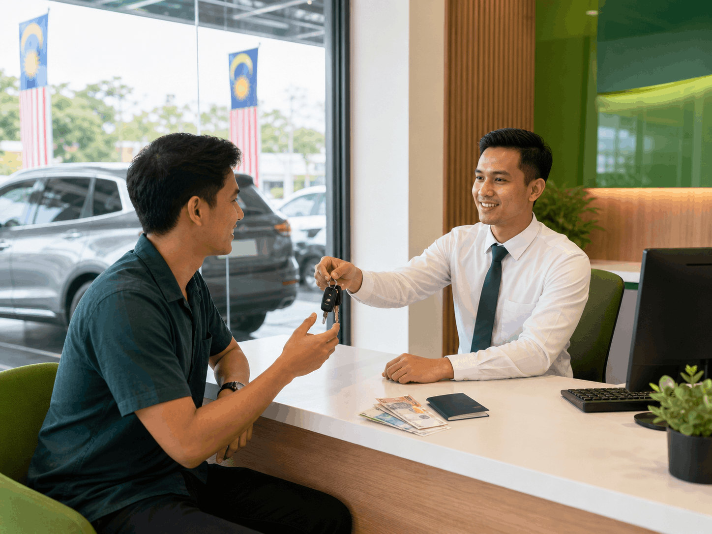 Friendly customer receiving car keys with passport and cash at a rental desk in Malaysia