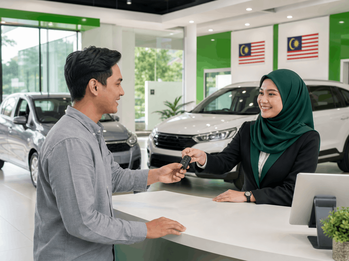 Happy customer receiving keys from a Buzzmetric staff member at a Malaysian rental office